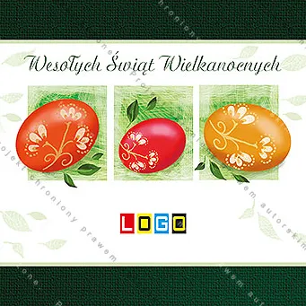 Trzy pisanki w czerwieni, karminie i pomarańczu w kwadratowych zielonych ramkach między ciemnozielonymi pasami na bieli
