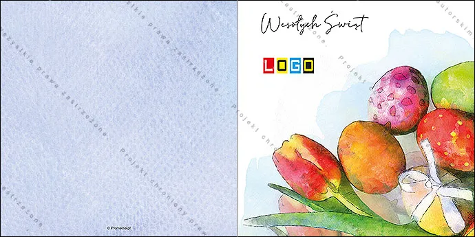 Akwarelowy czerwono-żółty tulipan nad stosem kolorowych pisanek w dolnym rogu, białe tło z błękitną plamą u góry