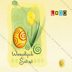Wysoki żółty kwiat obok pomarańczowej pisanki z czerwonymi zwojami, po lewej zielona plama farby