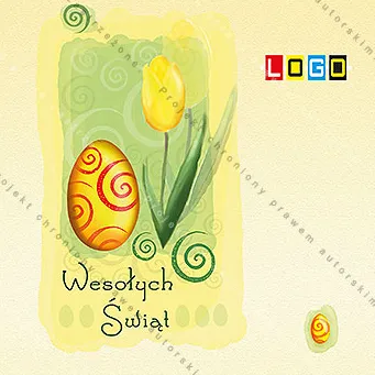 Wysoki żółty kwiat obok pomarańczowej pisanki z czerwonymi zwojami, po lewej zielona plama farby