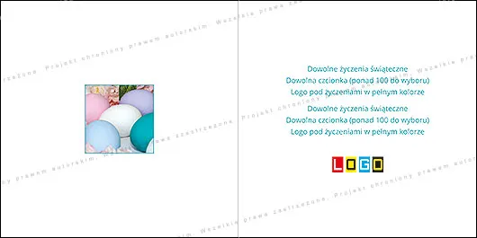 Matowe jajka w pastelowych barwach otulone różowymi hortensjami, u góry biały pasek z turkusowymi napisami