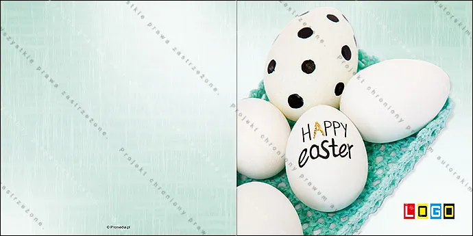 Białe jajka w koszyczku z turkusowej nitki, na największym czarny napis HAPPY easter, na drugim kropki