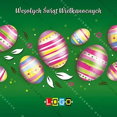 Rząd pasiastych jajek w różu, błękicie i żółci na ciemnej zieleni, biały napis u góry