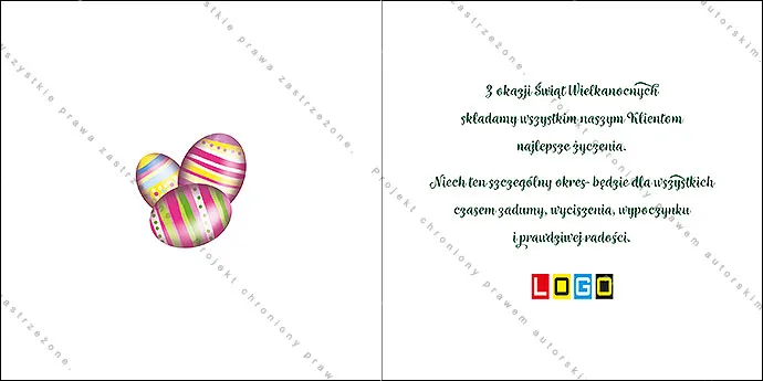 Rząd pasiastych jajek w różu, błękicie i żółci na ciemnej zieleni, biały napis u góry