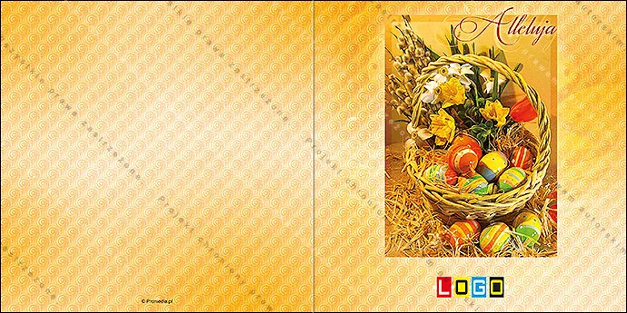 Fotografia wiklinowego kosza z pisankami, żonkilami i gałązkami bazi, w jasnej ramce, tło ze spiralami w złocie