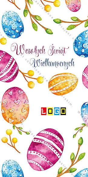 Akwarelowe jajka w wielu wzorach przy brzegach, pędy z żółtymi kuleczkami i barwny napis życzeń pośrodku białej okładki