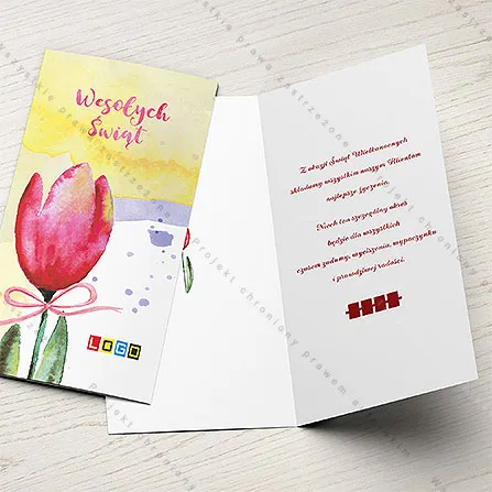 Wielki akwarelowy tulipan w odcieniach karmazynu i różu, przewiązany różową wstążką, na tle żółtych i niebieskich plam, nad nim napis