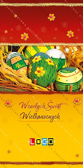 Bordowy pas ze złotą obwódką, zdjęcie koszyka i pisanek w odcieniu zieleni leżących w słomie, czerwony napis na złotożółtym polu