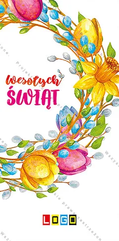 Biała okładka, przy prawej krawędzi łuk z żonkili, tulipanów, bazi i pisanek, w nim różowy napis „Wesołych ŚWIĄT”