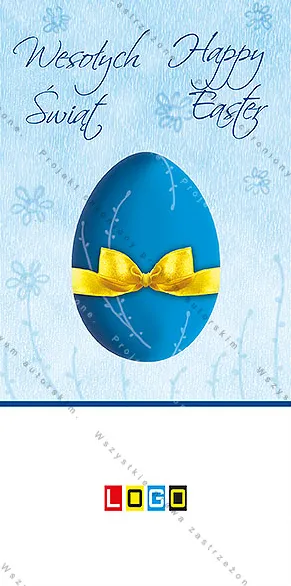 Okładka w błękicie z granatowym jajkiem i żółtą kokardą, nad nim życzenia „Wesołych Świąt” i „Happy Easter”