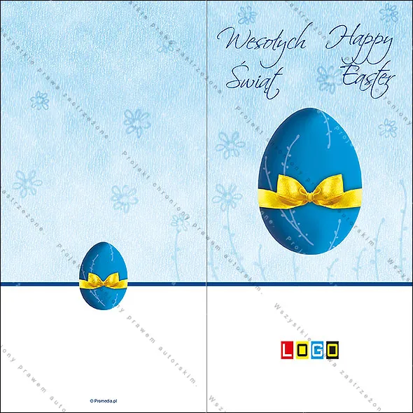 Okładka w błękicie z granatowym jajkiem i żółtą kokardą, nad nim życzenia „Wesołych Świąt” i „Happy Easter”
