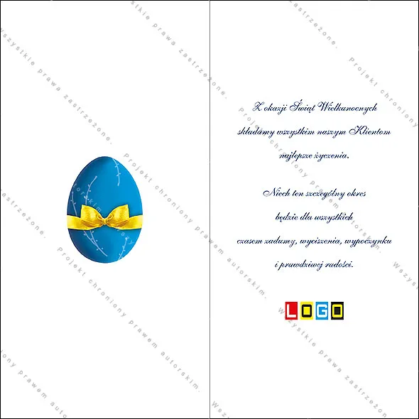 Okładka w błękicie z granatowym jajkiem i żółtą kokardą, nad nim życzenia „Wesołych Świąt” i „Happy Easter”