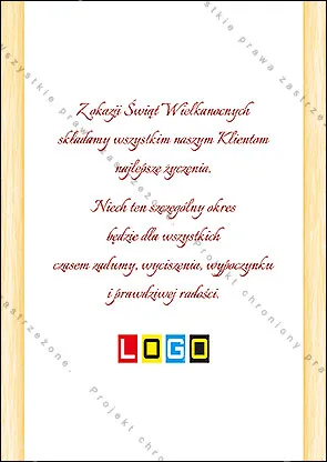 Rewers z przykładowymi życzeniami wielkanocnymi i logo, miejsce na dedykację