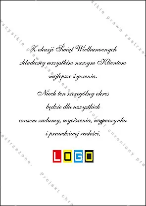 Rewers na białym tle z przykładowym tekstem życzeń wielkanocnych i logo na dole