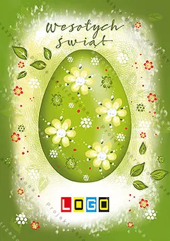 Duże jajo w odcieniu limonki z białymi kwiatami w zielonej poświacie, przy brzegach liście, u góry cienki napis życzeń
