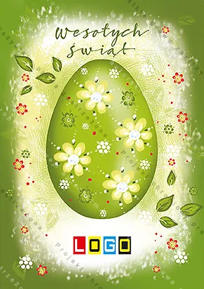 Duże jajo w odcieniu limonki z białymi kwiatami w zielonej poświacie, przy brzegach liście, u góry cienki napis życzeń