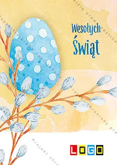 Błękitne jajko w jasne kropki na gałązkach bazi, złociste akwarelowe tło i jasnoniebieski napis „Wesołych Świąt”