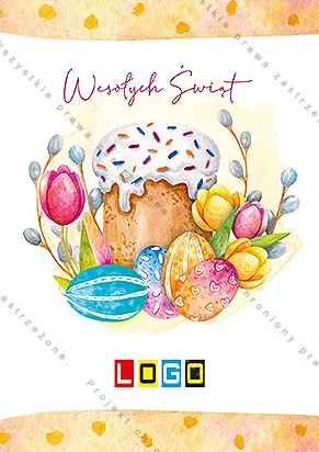 Babka z białym lukrem i kolorowymi kuleczkami, wokół pisanki, tulipany i gałązki bazi, na górze różowo-fioletowy napis