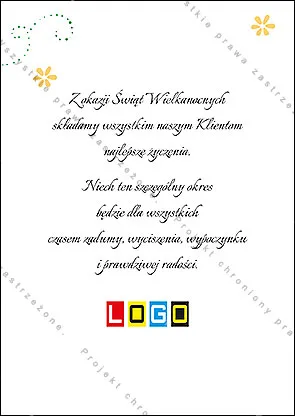 Zielone jajo z żółtymi kwiatkami przewiązane złotą wstęgą i kokardą na ciemnozielonym tle, u góry ozdobny napis