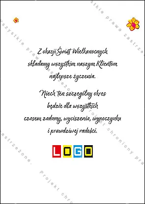 Koszyk wypełniony słomą z zielonymi jajkami pod czerwonym pasem z żółtymi kwiatkami, niżej napis na żółtym tle