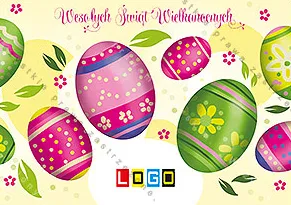 Jajka w różu, magencie, zieleni i fiolecie z deseniami na kremowo-żółtym tle z liśćmi, u góry różowo-fioletowy napis