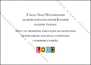 Jajka w czerwieni, zieleni i pomarańczu z kwiatuszkami wśród gałązek bazi na zielonym tle, u góry biała kaligrafia