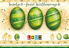 Trzy duże jajka w jasne prążki nad rzędem żółtych piskląt, kremowe tło z koronką, u góry kaligraficzny napis