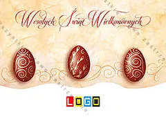 Trzy bordowe jaja w jasnych spiralach na kremowym tle, nad nimi czerwony napis życzeń