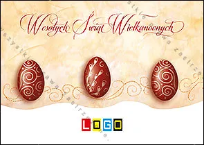 Trzy bordowe jaja w jasnych spiralach na kremowym tle, nad nimi czerwony napis życzeń