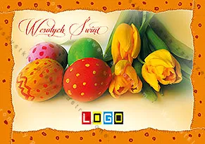 Pomarańczowa oprawa z kropkami, w środku podarty papier ze zdjęciem jaj i bukietu żółtych tulipanów