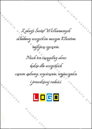 Akwarela w dolnym rogu: jaja w czterech kolorach, czerwone tulipany i biała kokarda na białym tle
