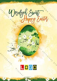 Zielone jajo z białymi kwiatkami na kremowej akwareli, nad nim napisy „Wesołych Świąt” i „Happy Easter”
