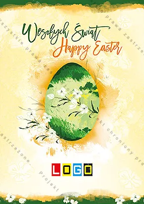 Zielone jajo z białymi kwiatkami na kremowej akwareli, nad nim napisy „Wesołych Świąt” i „Happy Easter”
