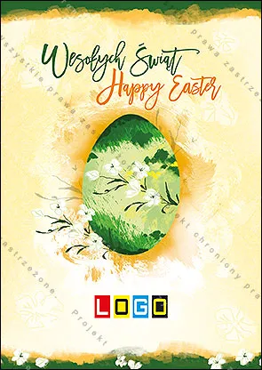 Zielone jajo z białymi kwiatkami na kremowej akwareli, nad nim napisy „Wesołych Świąt” i „Happy Easter”
