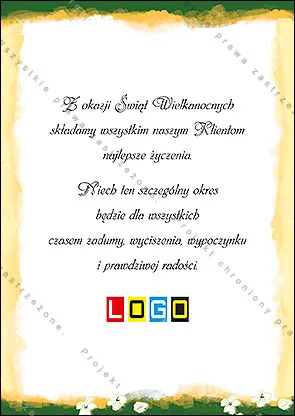Zielone jajo z białymi kwiatkami na kremowej akwareli, nad nim napisy „Wesołych Świąt” i „Happy Easter”