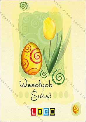 Żółty tulipan i duże pomarańczowe jajo w kwadratowym polu na pastelowym żółtozielonym tle w spirale