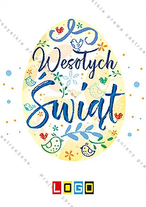Granatowy napis „Wesołych Świąt” w kremowym owalu w kształcie jaja, wokół niebieskie i pomarańczowe ptaszki