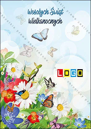 Łąka ze stokrotkami i makami, nad nią motyle, u góry błękitne niebo z rozmytym światłem i niebieskim napisem