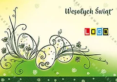 Cienkie czarne kontury jaj z roślinnymi pędami na tle od żółci do zieleni z łagodnym wzgórzem, w rogu szary napis