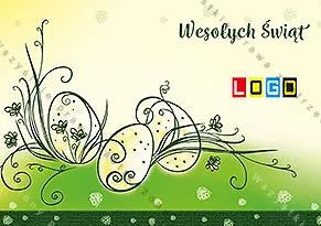 Cienkie czarne kontury jaj z roślinnymi pędami na tle od żółci do zieleni z łagodnym wzgórzem, w rogu szary napis