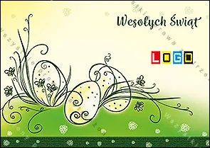 Cienkie czarne kontury jaj z roślinnymi pędami na tle od żółci do zieleni z łagodnym wzgórzem, w rogu szary napis