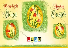 Trzy złoto-pomarańczowe jaja w czerwone tulipany na miękkich zielonych polach, żółte tło i pas trawy u dołu
