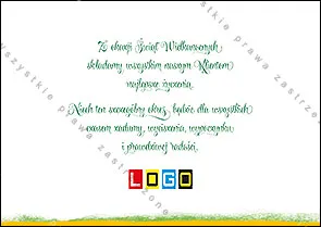 Trzy złoto-pomarańczowe jaja w czerwone tulipany na miękkich zielonych polach, żółte tło i pas trawy u dołu